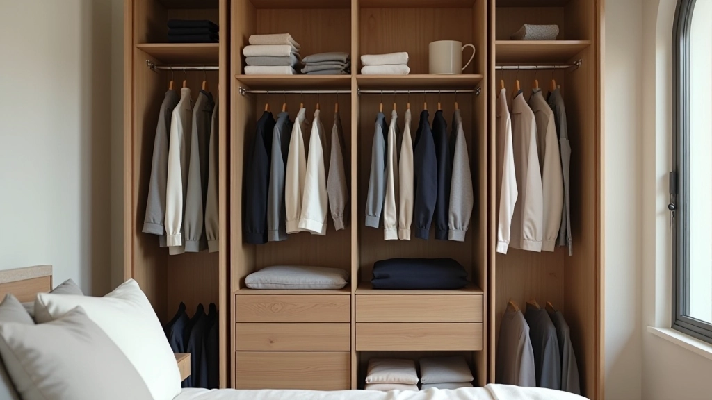 Well-organized bedroom closet with neatly arranged clothing and clear storage systems