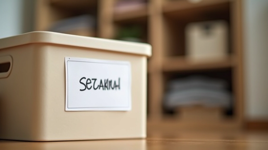 Close-up of white label on storage box with clear handwritten seasonal category and contents list