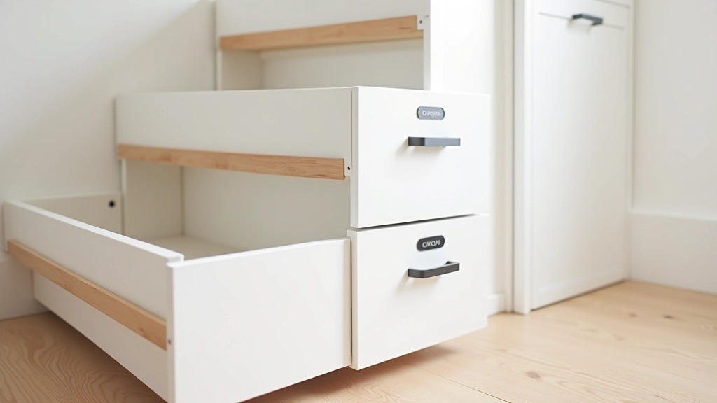 Custom pull-out drawer system under stairs with white drawers, labels visible on each drawer front, organized items inside