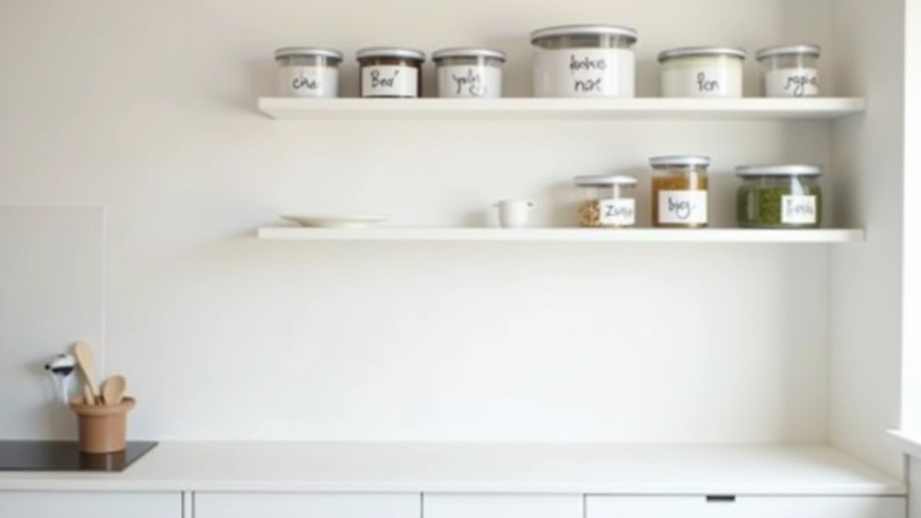 Organized kitchen shelves with labeled containers and minimal clutter, clean aesthetic
