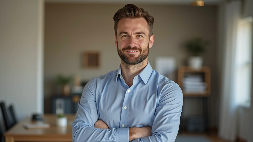 Professional portrait of man in casual blazer, confident pose, modern office setting
