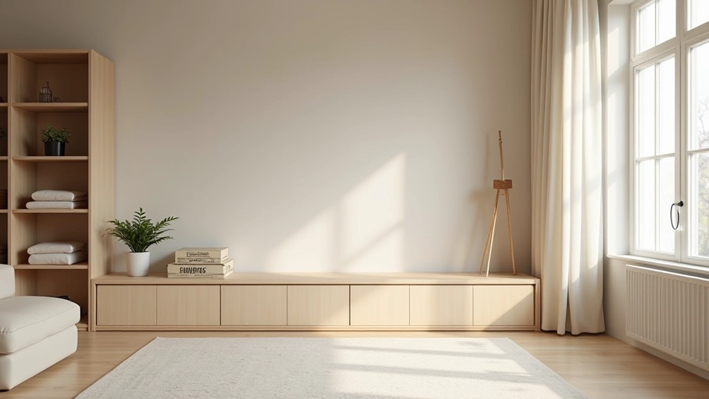 Minimalist living room with carefully curated furniture and organized shelving, bright daylight