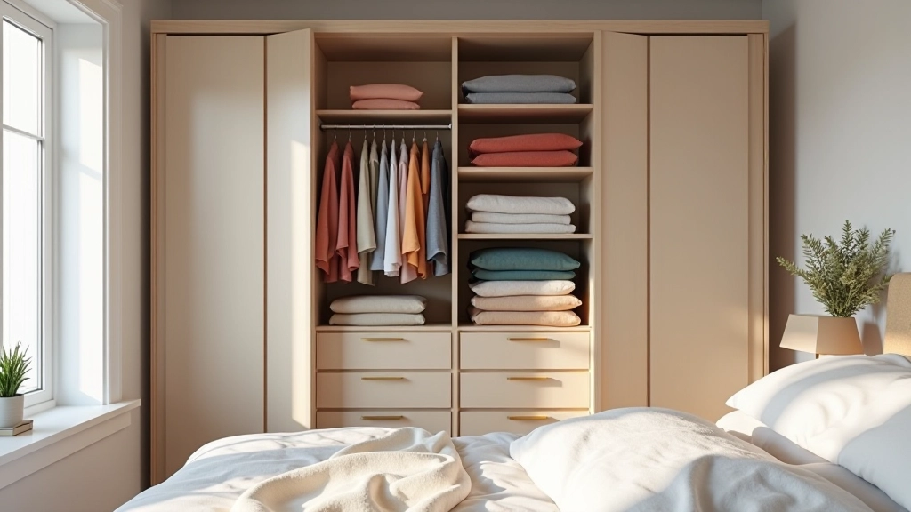 Bright bedroom with open wardrobe showing organized clothing by color and season