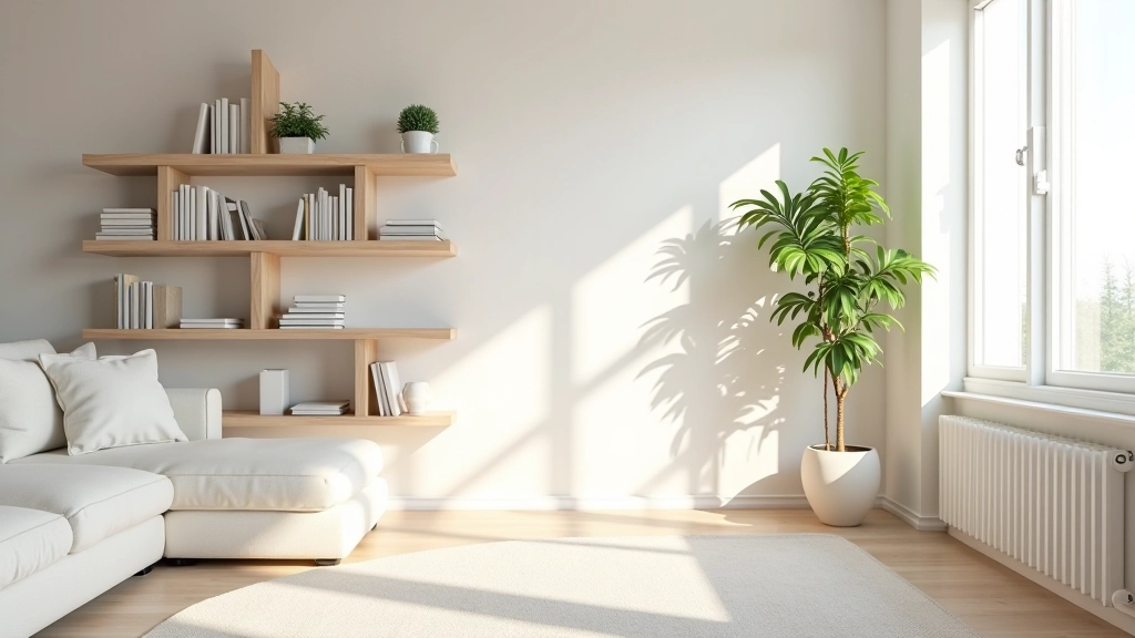 Bright minimalist living room with organized shelving and decluttered furniture, natural light