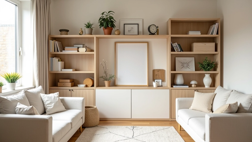 Organized modern British home interior with clean shelving and minimal clutter