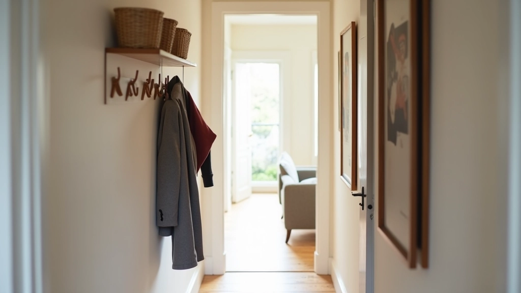 Hallway in terraced house with wall-mounted shelving, hooks, and organized storage solutions