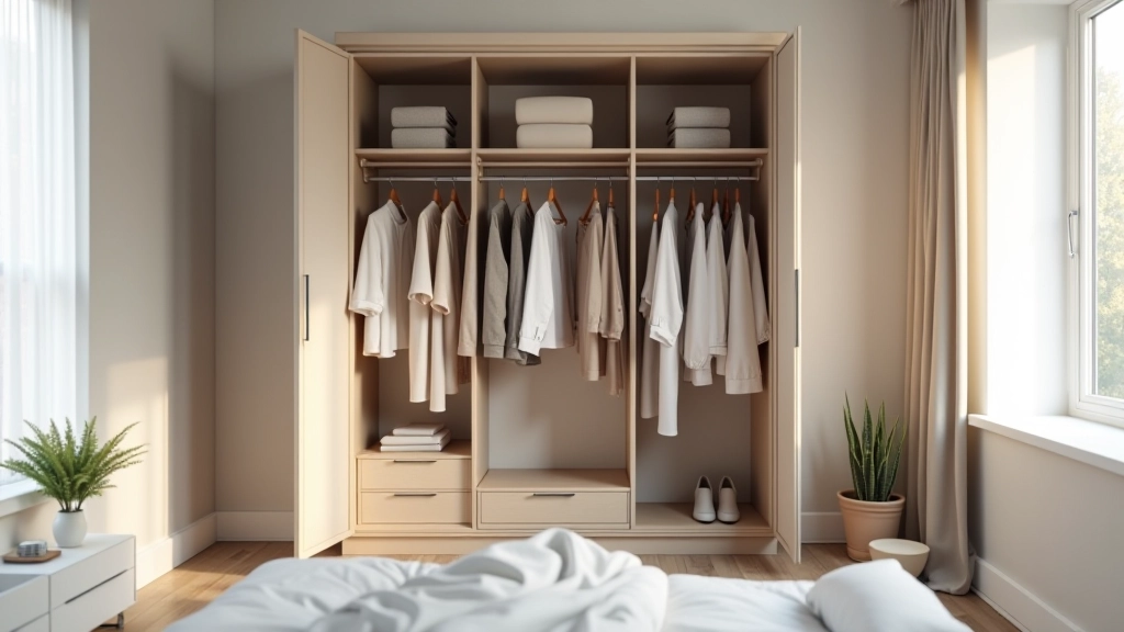 Open wardrobe showing current season clothes hanging and folded, with clear space visible