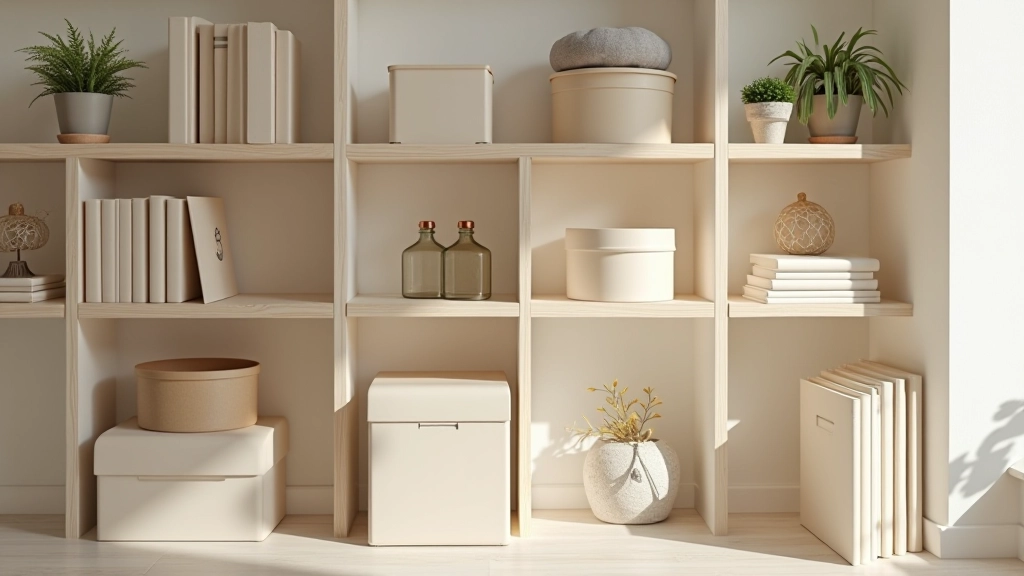 Neatly organized shelves with matching storage boxes and books, light wood, clean minimalist aesthetic