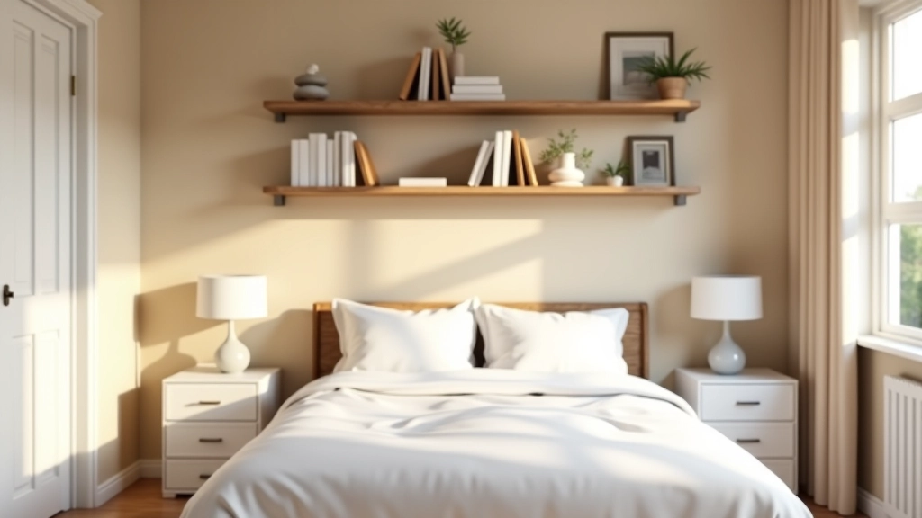 Compact terraced bedroom with double bed, wall-mounted shelves above headboard, narrow dresser, organized closet space, neutral tones