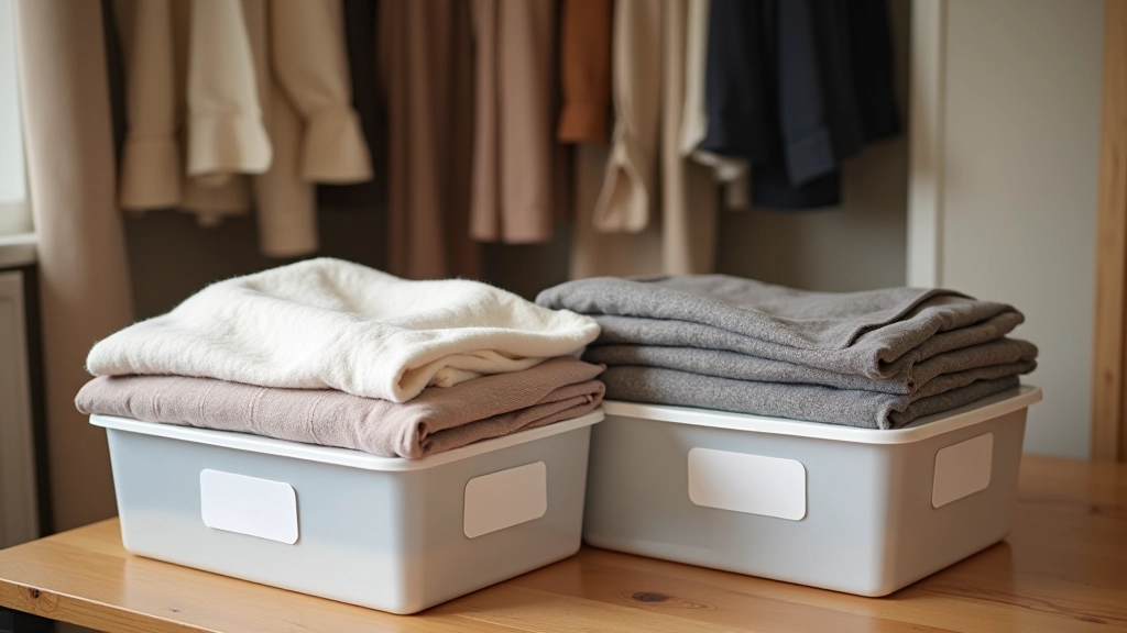 Transparent plastic storage boxes with color-coded labels and seasonal clothing neatly folded inside