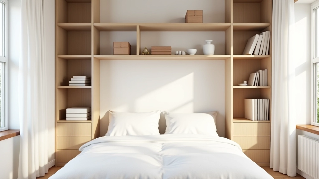 Modern terraced bedroom wall with floor-to-ceiling shelving, light wood finish, organized books and decorative items, natural light from window