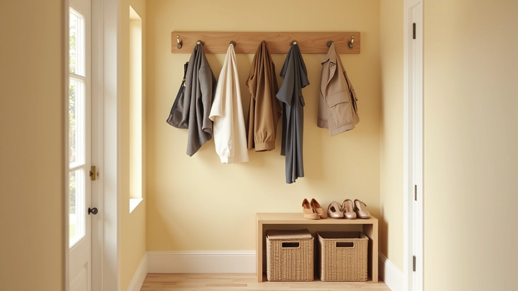 Organized hallway in terraced house with wall hooks, shoe organizer, coat rack, and narrow console table, cream and navy color scheme