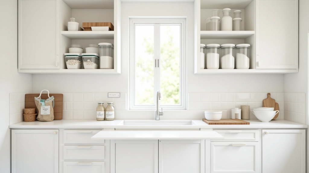 Organized kitchen in terraced house with wall-mounted shelves, labeled storage containers, compact layout, white cabinetry