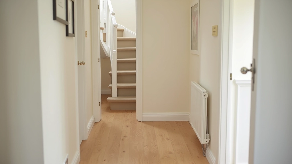 Terraced house hallway showing stairs with angled undersides and tight space constraints, typical British terraced layout