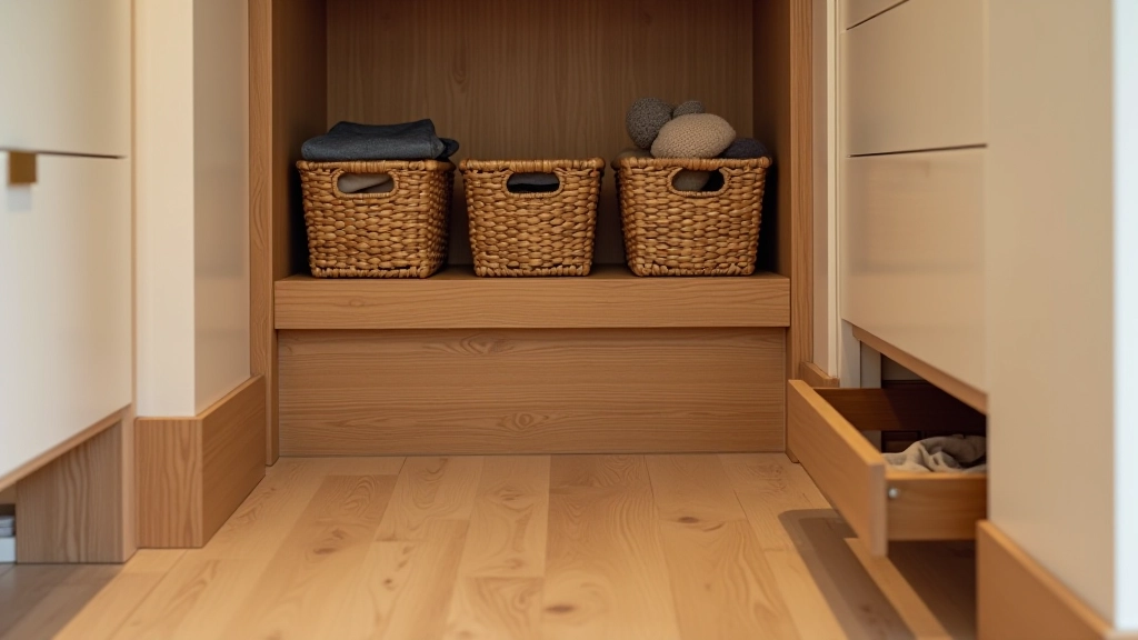 Under-stairs storage with pull-out drawers and labeled boxes, showcasing smart space use