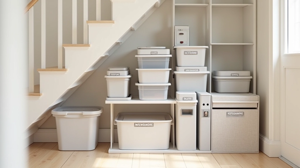 Labeled storage containers under stairs with color-coded system and inventory list, showing organized approach