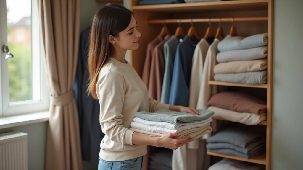 Woman organizing clothes in wardrobe with folded items, bright natural lighting, calm bedroom