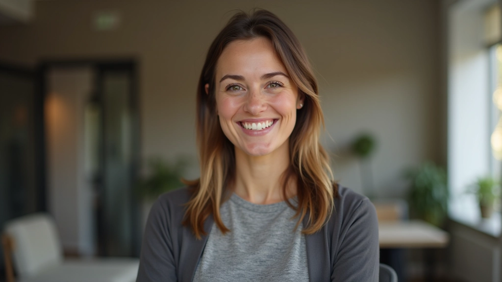 Professional portrait of woman with warm smile, bright office background