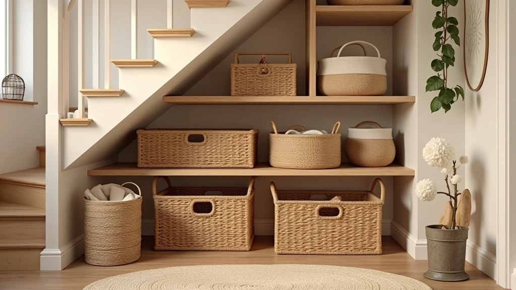 Basket storage solutions under stairs with woven containers on wooden shelves, showing accessible and flexible organization